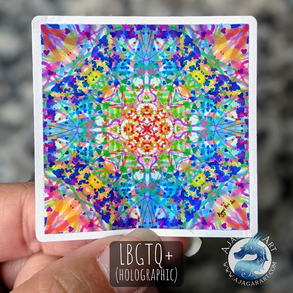 Rainbow mix of red, orange, yellow, green, blue, purple and pink in an abstract symmetrical pattern holographic sticker