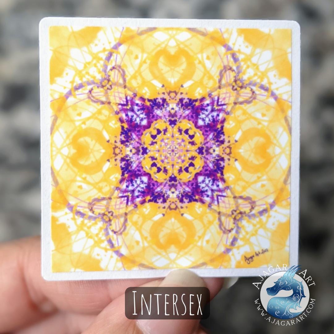 Yellow and purple of the of the intersex pride flag in an abstract symmetrical pattern of lines and hearts sticker