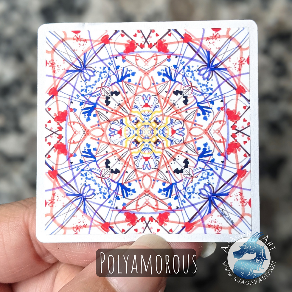 Red, black, blue and yellow of the polyamorous flag in an abstract symmetrical pattern of lines and hearts