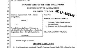 July 2017:  American Express Sues Dirksen & Evolve for $96,000.