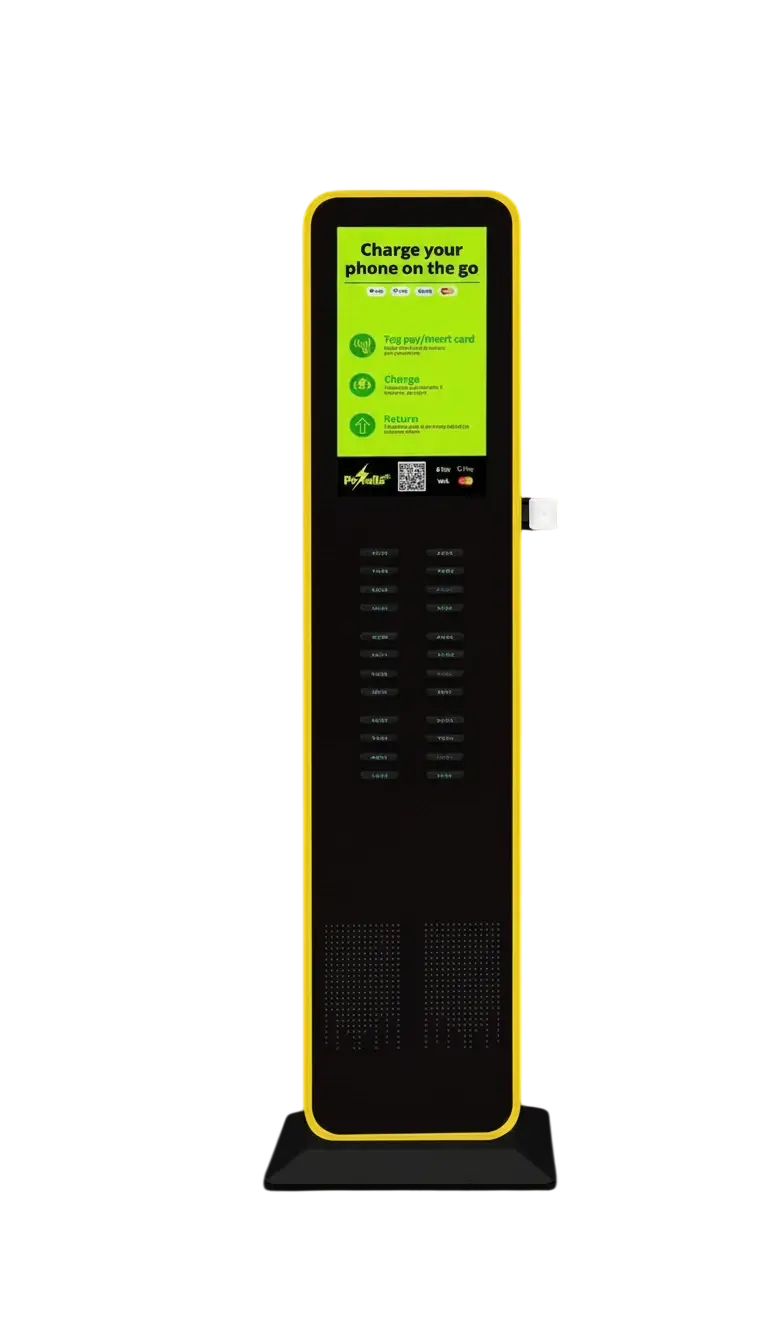 Product render of a modern electric vehicle charging station featuring a prominent touchscreen and multiple charging ports. The design suggests efficiency and advanced technology.