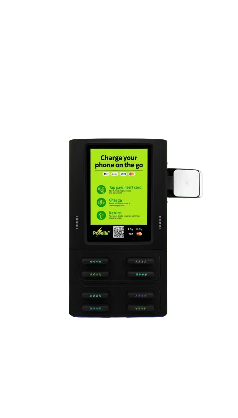 Packshot photography of a modern phone charging station with multiple lockers. Convenient for on-the-go charging.