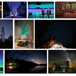 A mood board of images, featuring big dark starry skies, colourful northern lights, rusting farm equipment, winter trees and wooden cabins