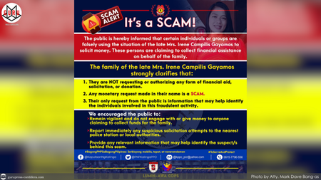 BEWARE of SCAMMERS: Kalinga Police warn public of people using Irene Gayamos’ murder to make money