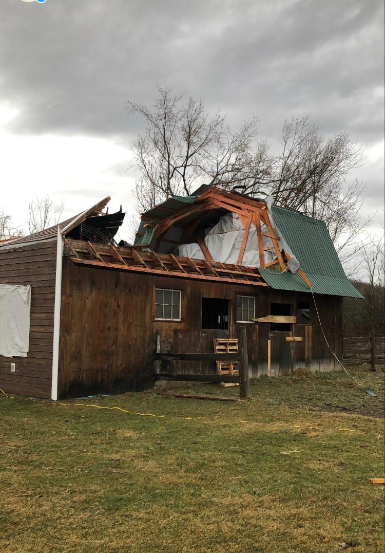 A brown barn missing its second story. The back section of green roof is on with exposed rafters.