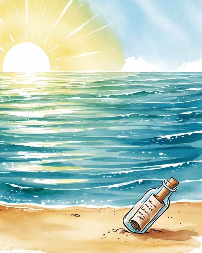 high fantasy light water ink hand drawn of vast ocean, bright horizon, taking up most of t