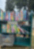 A girl looks over books on a book card that sits outside, under a tree.