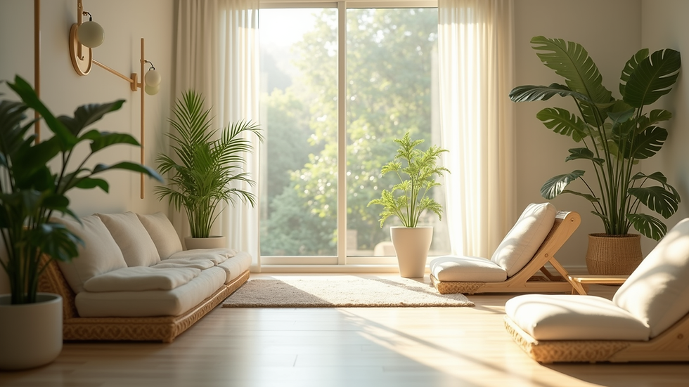 Eye-level view of a serene wellness space with plants and natural light