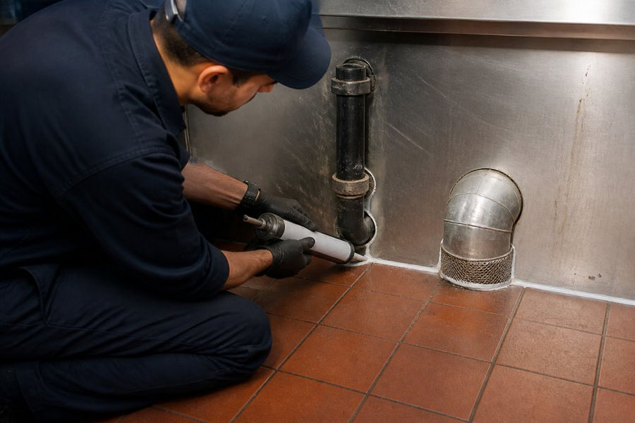 Certified exterminator sealing gaps around pipes and vents in a restaurant kitchen with caulk and wire mesh, demonstrating proper pest exclusion techniques