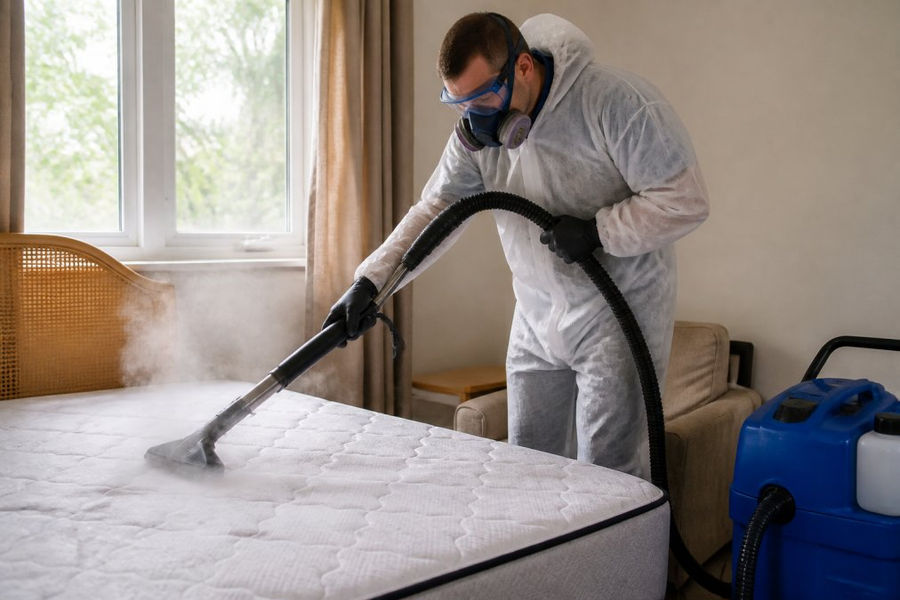 Professional pest control technician in protective gear using industrial steam treatment equipment on a mattress and furniture in a residential bedroom with natural window lighting