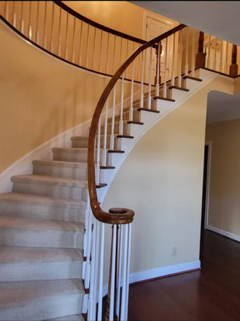 Curved carpeted staircase with dark wood handrail