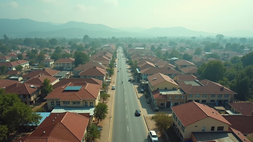 High angle view of Karaga town center with visible public buildings