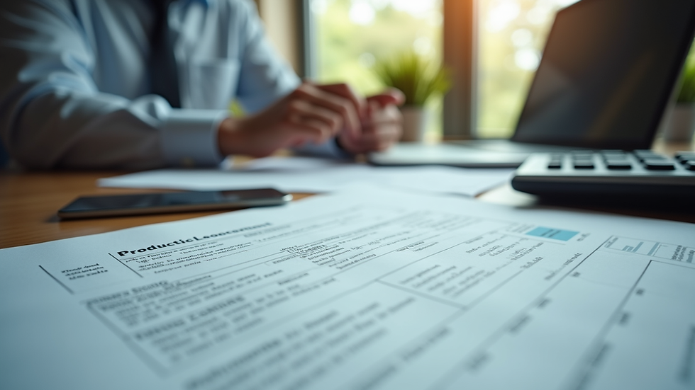 Vue rapprochée d'un bureau avec des documents financiers et une calculatrice