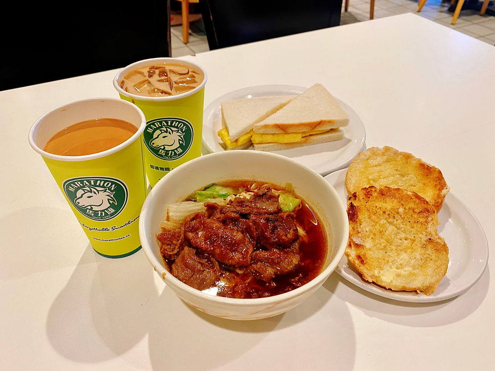 Marathon Cafe, satay beef with instant noodle, egg sandwich, award-winning Hong Kong-style milk tea
