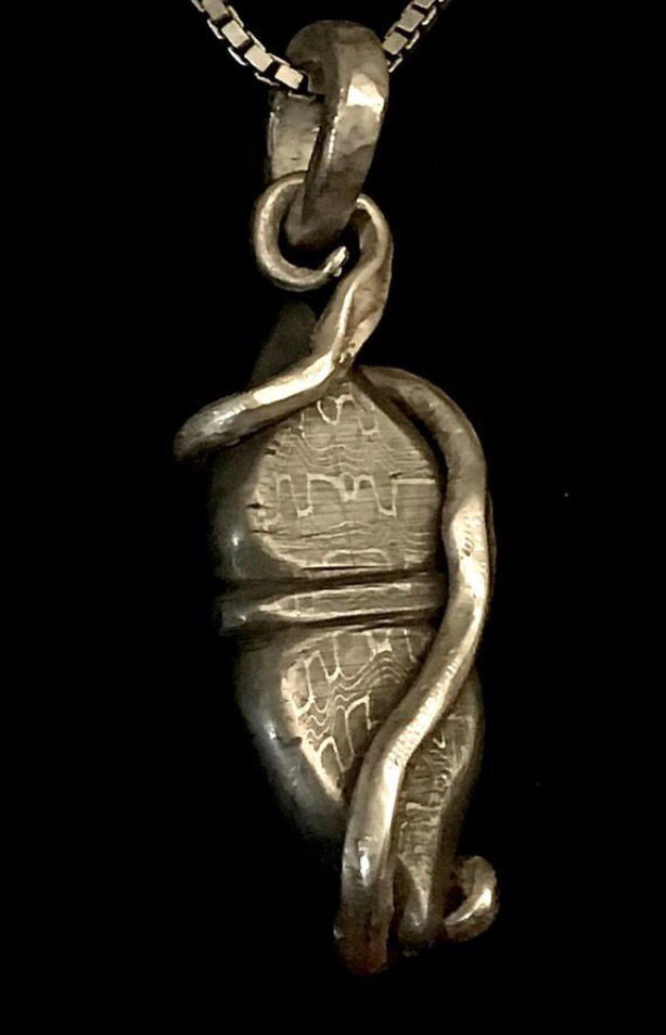 Thumbnail: Large file worked  stainless steel  Damascus hammered Sterling silver pendant
