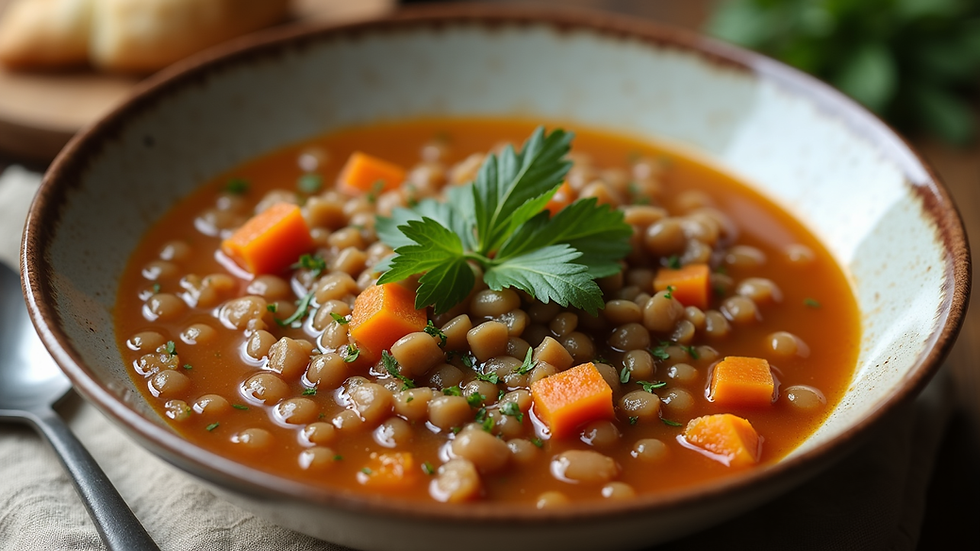 Close-up view of a bowl of Greek lentil soup with herbs