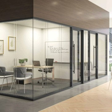 modern glass office pod with dual glazed interior aluminum framing
