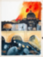 an urban sketch with metallic highlights on the water and the buildings