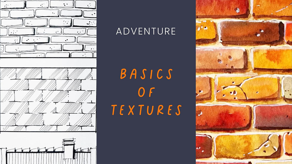 Bricks and stones drawn with fineliners and texture. Adventure. Basics of Textures. Coloful watercolor bricks with cracks.