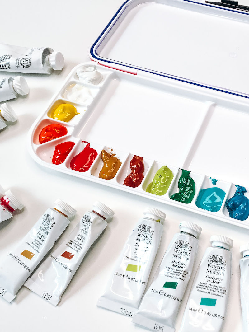 Mijello palette filled with bright gouache colors