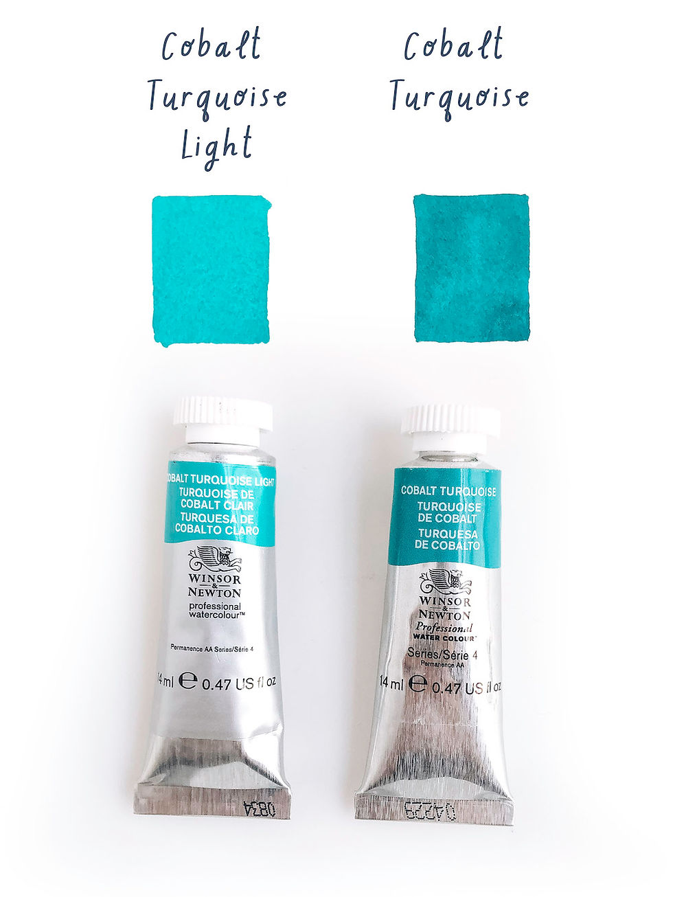 tubes of Winsor & Newton turquoise watercolor paints and painted rectangles showing the colors