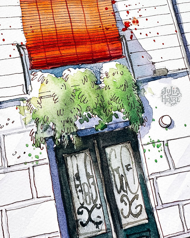 Detailed urban sketch of a facade with orange awning and green plants, created using Winsor & Newton Revival watercolours