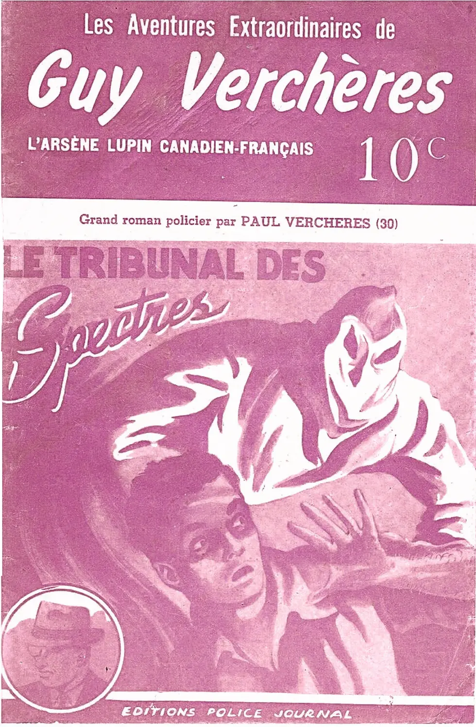 Affiche promotionnelle de 'Le Tribunal des Spectres', mettant en scène une ambiance mystérieuse du Montréal des années 1930 avec des éléments de roman policier québécois. Utilisation de typographies élégantes et d'une superposition translucide pour mettre en valeur le titre et le sous-titre.