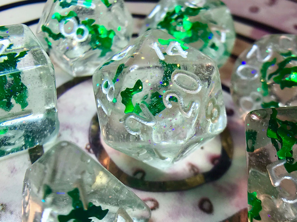 Sparkly clear with Green Bats - 7pc Dice Set