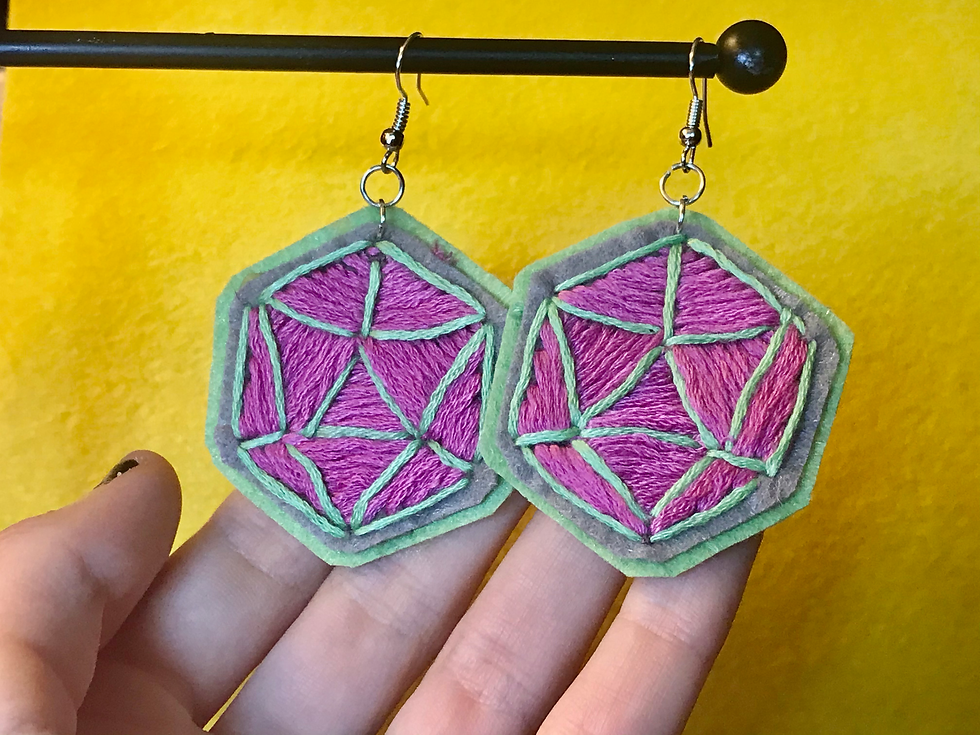 Handmade d20 Embroidered Earrings