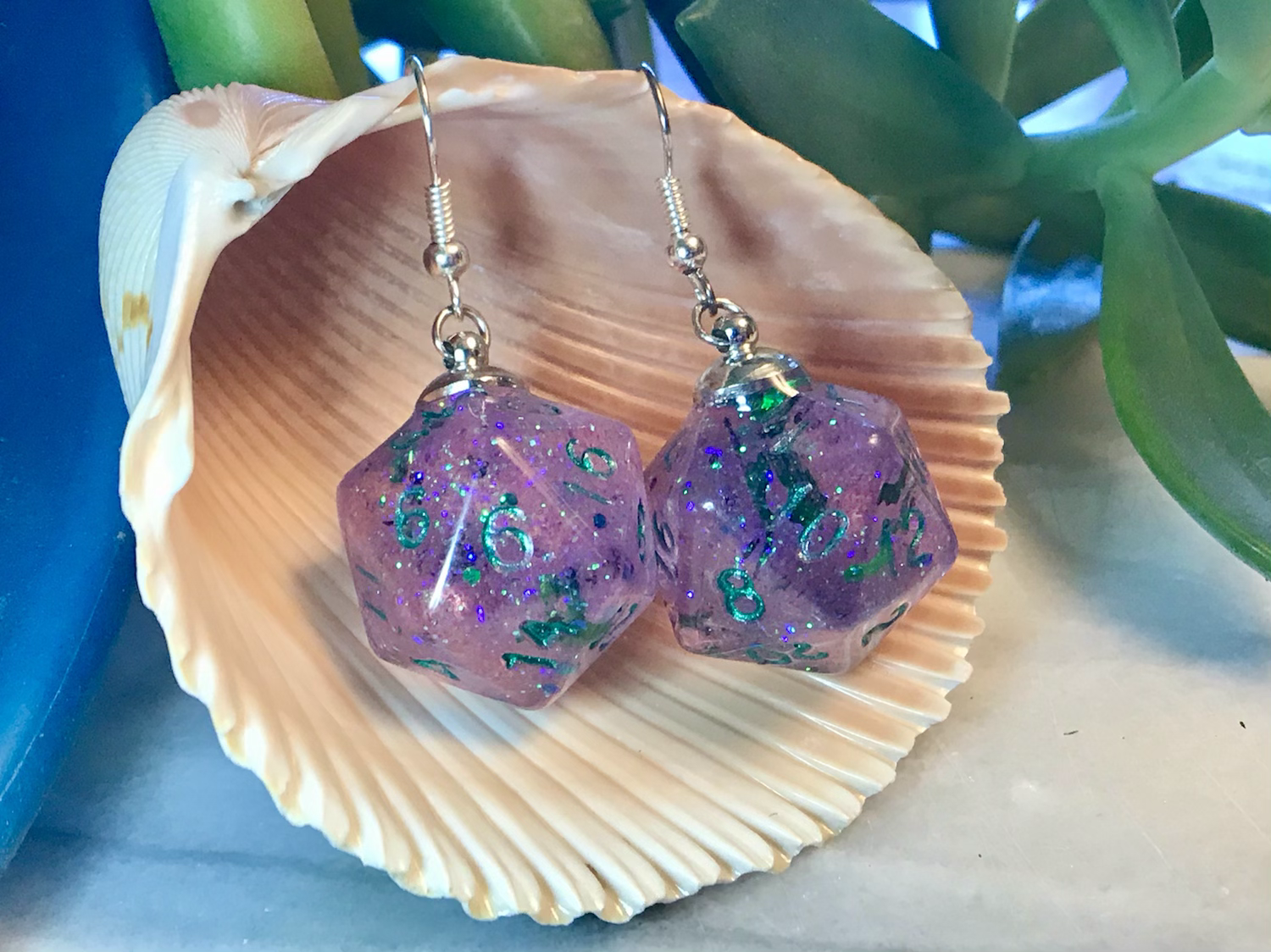 Purple w Green Bats d20- Handmade Dice Earrings