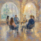 Impressionist image of a group of people sitting and talking.