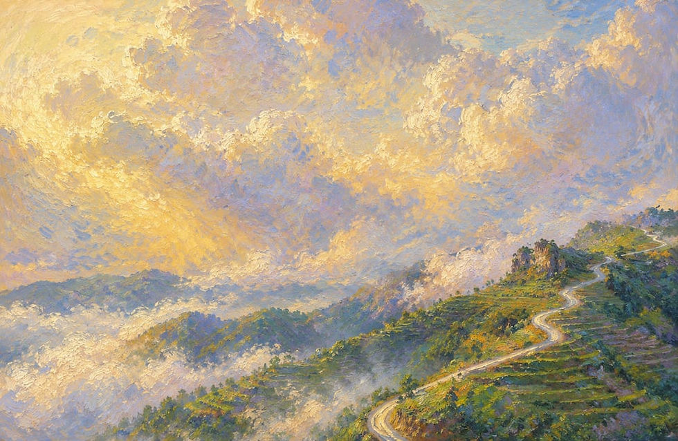 Impressionist image of clouds and a green landscape.