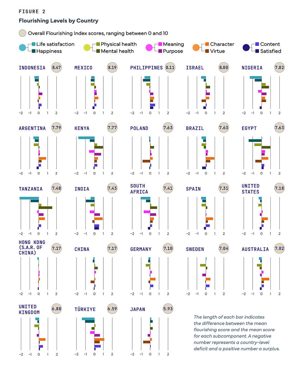 Data visualization of flourishing levels by country as part of the global flourishingy Stud Report.