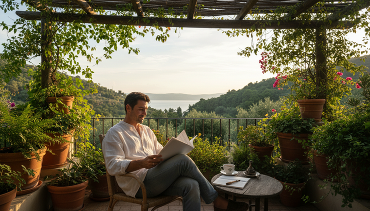 Wide-angle view of a writer reading printed pages on a shaded balcony with plants nearby