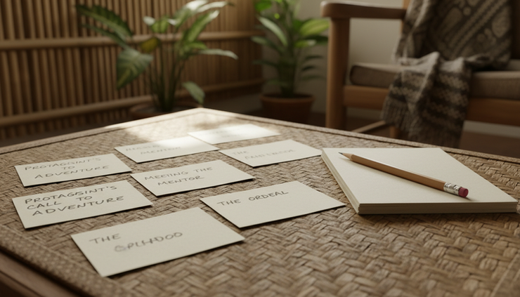 Close-up of index cards arranged on a woven mat with story notes and a sharpened pencil