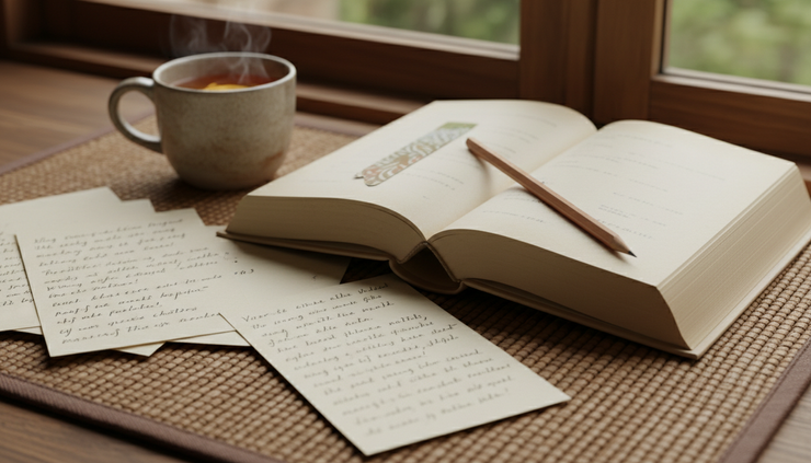 Close-up of handwritten reading notes, paper bookmarks, and an open novel on a woven mat