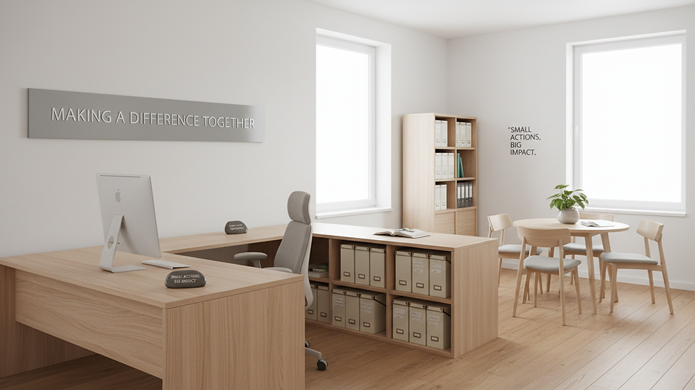 Eye-level view of a nonprofit office with organized files and a computer
