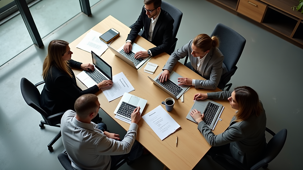 High angle view of a team collaborating around a table with laptops and notes