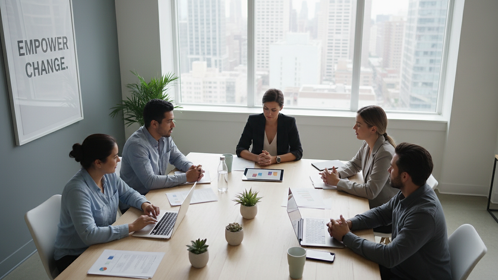 High angle view of a nonprofit team meeting around a table with documents and laptops