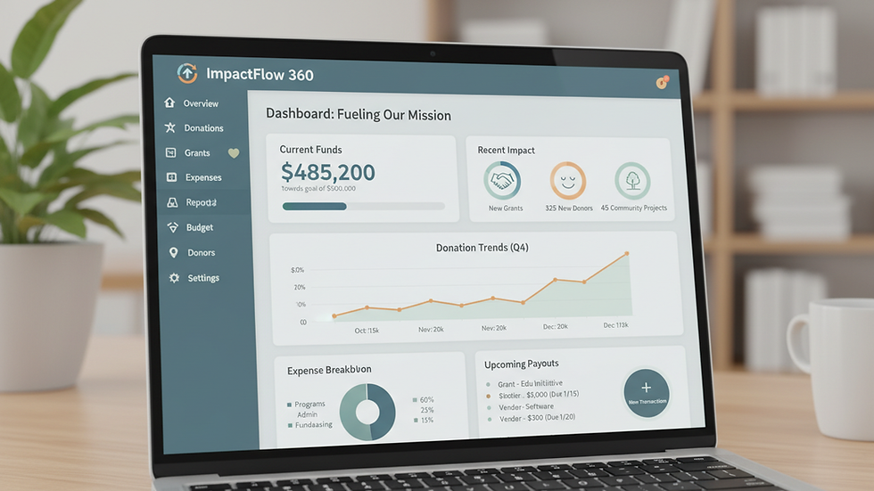 Close-up view of a laptop screen showing nonprofit accounting software dashboard