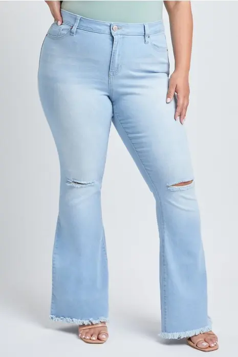 Thumbnail: Plus Size Light Blue Distressed Flare Denim Jeans