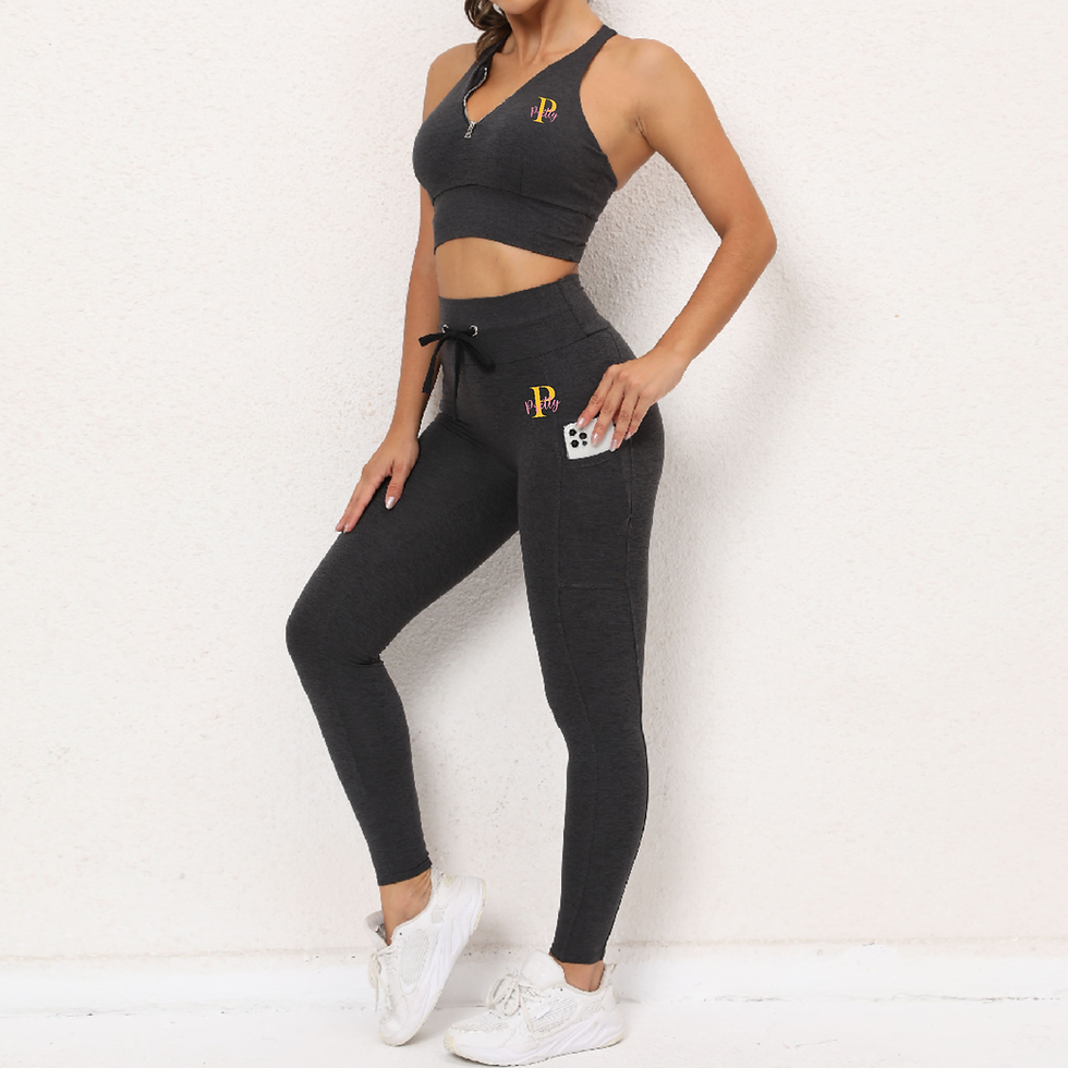 Thumbnail: Pretty Cinturinha Set: racer back, zip front sports bra and jogger leggings set