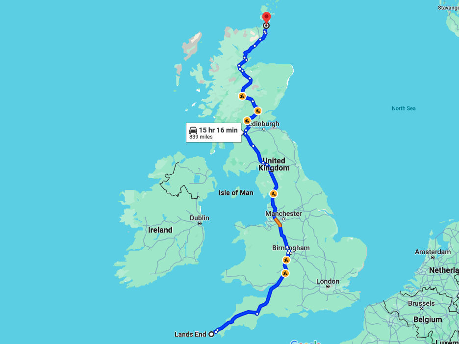 Lands End to John O'Groats road trip route