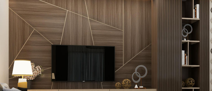 Salon moderne italien 2026 avec meuble TV et bibliothèque murale en bois foncé et châtaigne, lignes graphiques ivoire, canapé en lin gris clair, table basse blanche et bois foncé, sol en bois clair, ambiance élégante et contemporaine.
