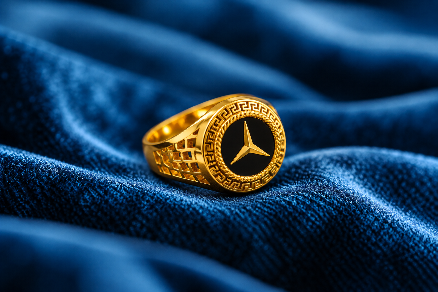 Royal Three-Point Star Gold Plated Signet Ring – Men's Black Enamel Statement Je