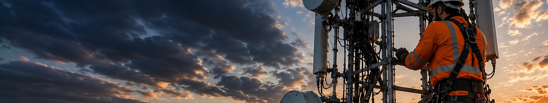 Telecommunications worker fitting cables on a tower