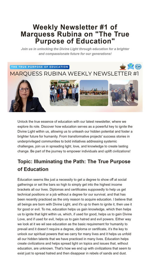 Weekly Newsletter #1 of Marquess Rubina on The True Purpose of Education