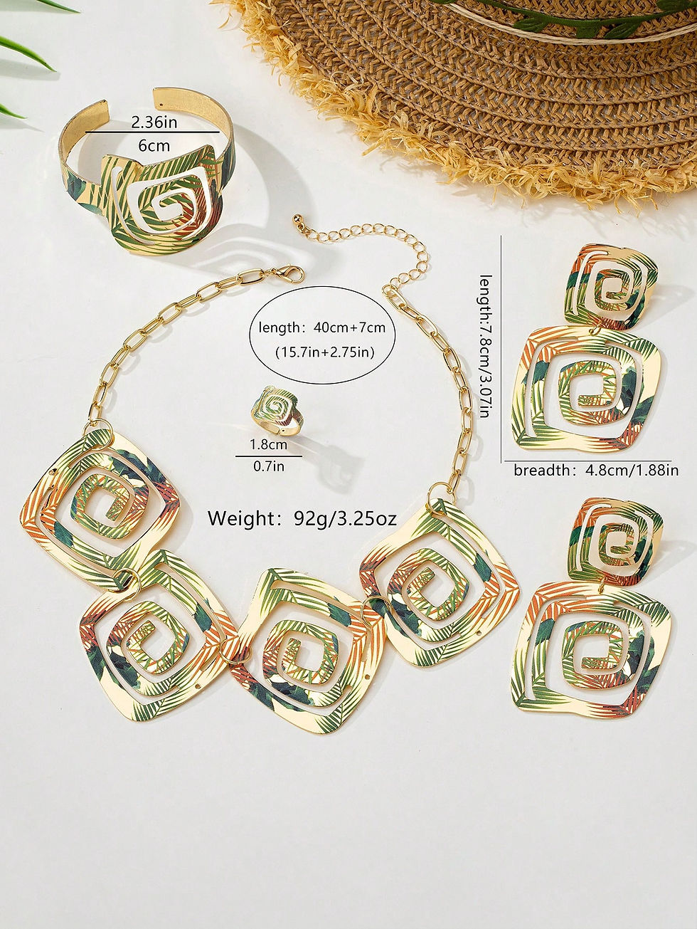 Thumbnail: Vintage Elegant Printed Green Leaf Jewelry Set (12 Sets)