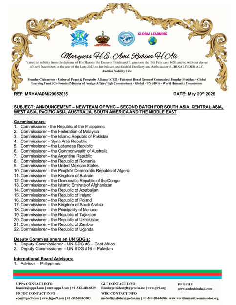 Announcement - New Team of WHC - Second Batch for South Asia, Central Asia, West Asia, Pacific Asia, Australia, South America and the Middle East