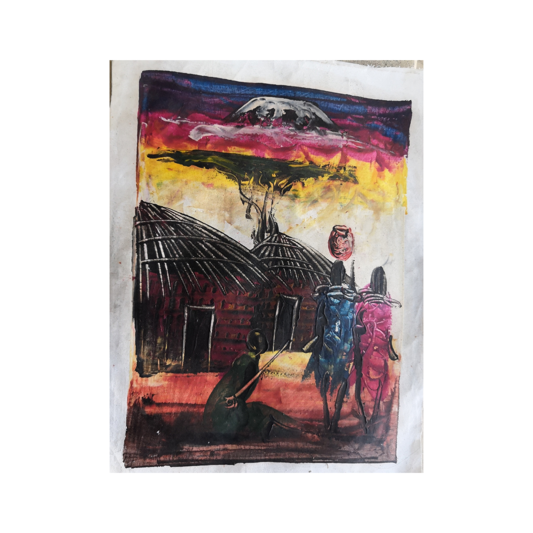 Kilimanjaro Masai Village Finger Painted African Painting - Wall Decor